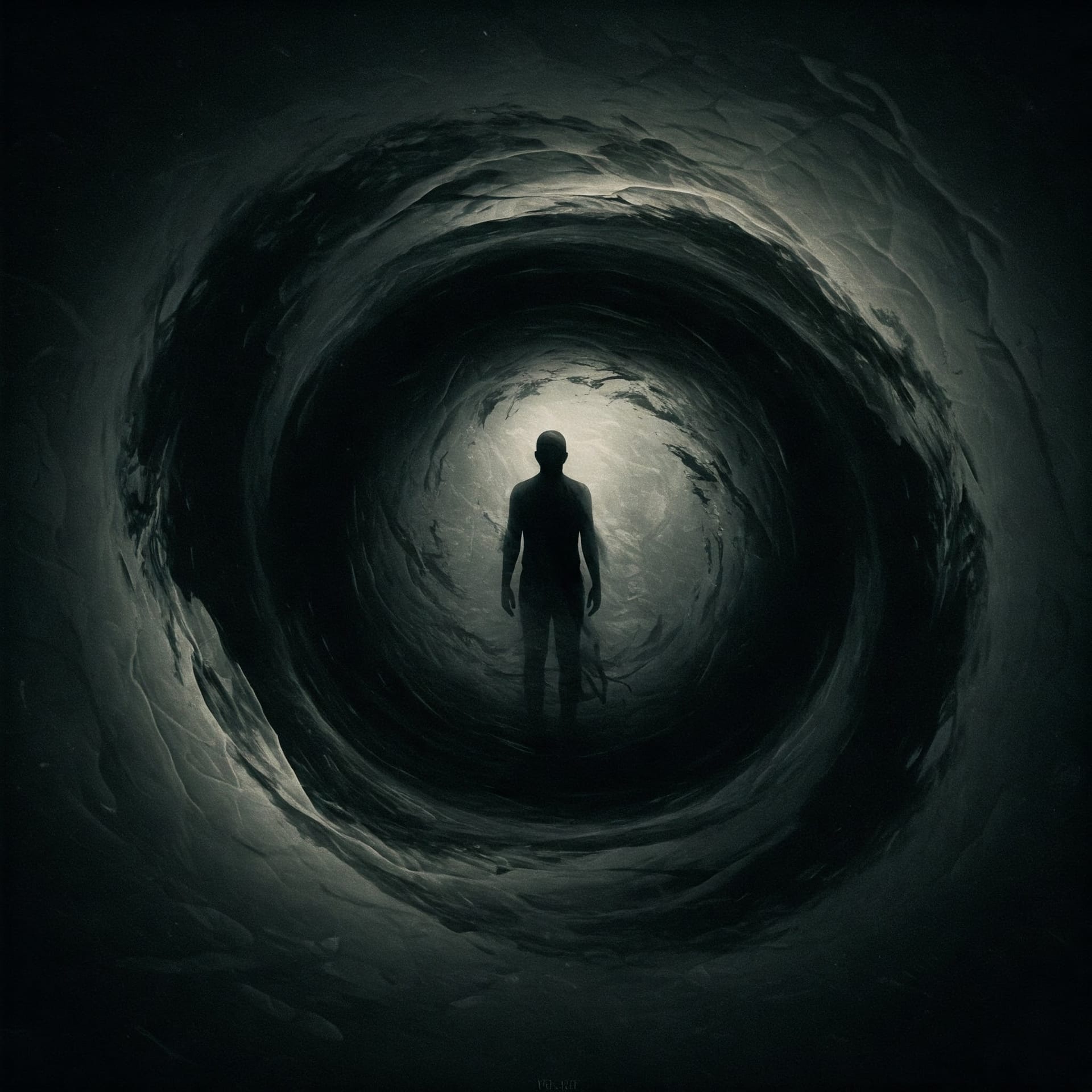 An illustration of a lone human in the middle of a distorted, darkened sphere of sorts.
