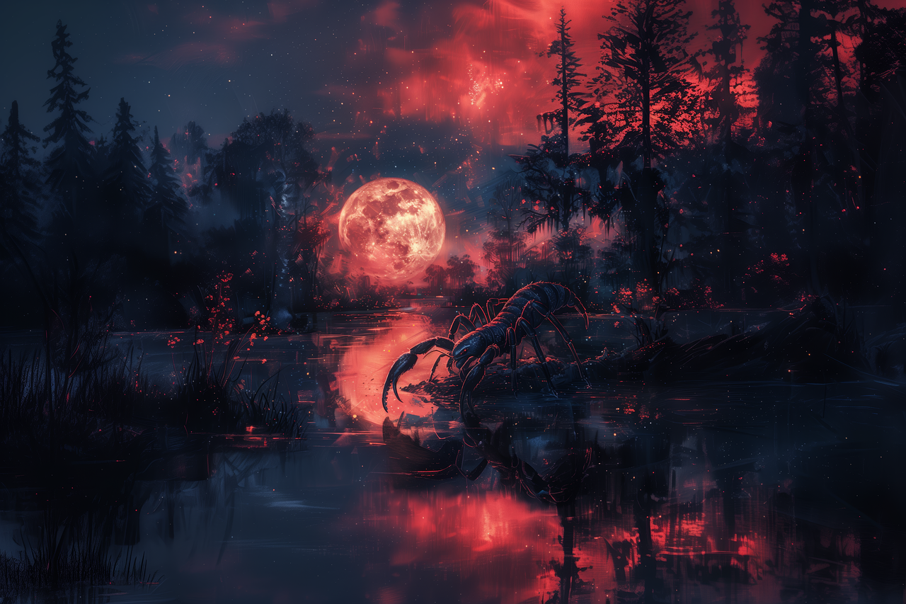 An artistic rendering of a scorpion, representing Scorpio, standing in the middle of a pond, drenched in fire-esque moonlight. Image from Pixabay.